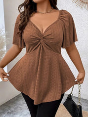 Twist Front V Neck Eyelet Embroidery Loose Blouse