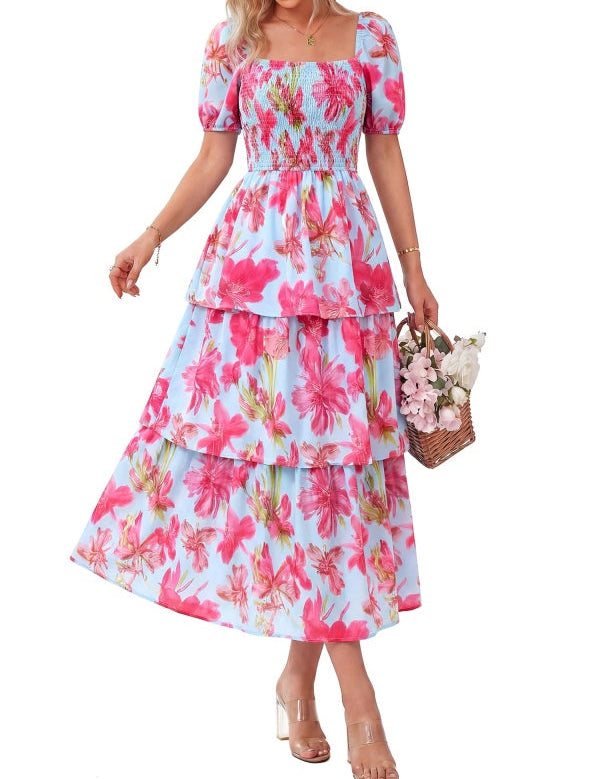 Floral Square-Neck Smocked Tiered Dress