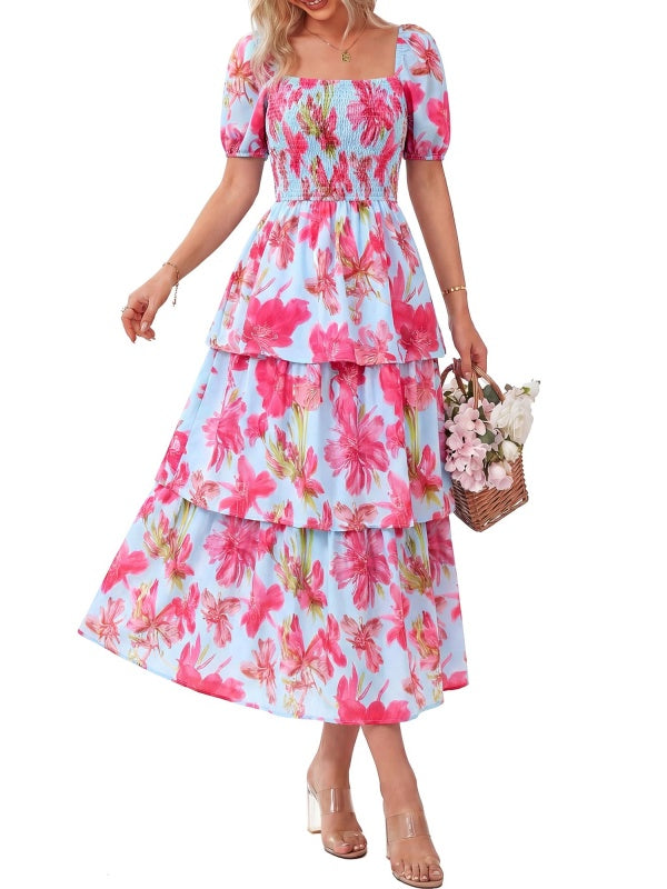 Floral Square-Neck Smocked Tiered Dress