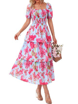 Floral Square-Neck Smocked Tiered Dress