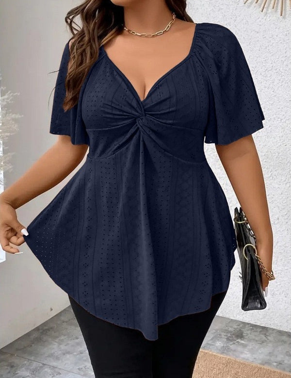 Twist Front V Neck Eyelet Embroidery Loose Blouse