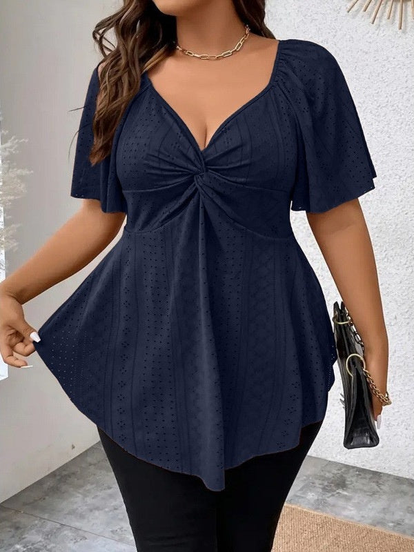 Twist Front V Neck Eyelet Embroidery Loose Blouse