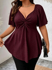Twist Front V Neck Eyelet Embroidery Loose Blouse