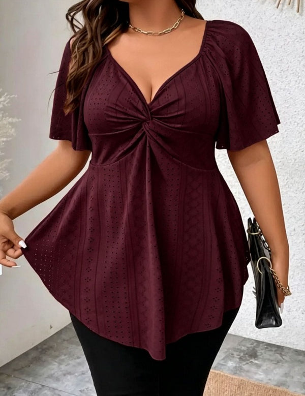 Twist Front V Neck Eyelet Embroidery Loose Blouse
