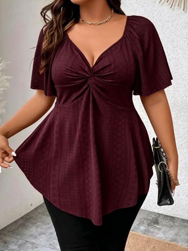 Twist Front V Neck Eyelet Embroidery Loose Blouse