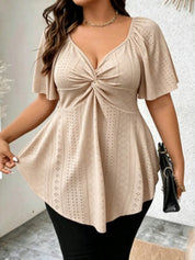 Twist Front V Neck Eyelet Embroidery Loose Blouse