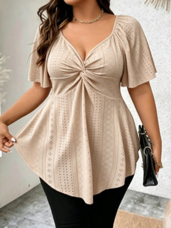 Twist Front V Neck Eyelet Embroidery Loose Blouse
