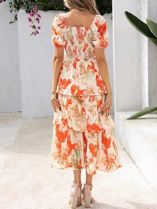 Floral Square-Neck Smocked Tiered Dress