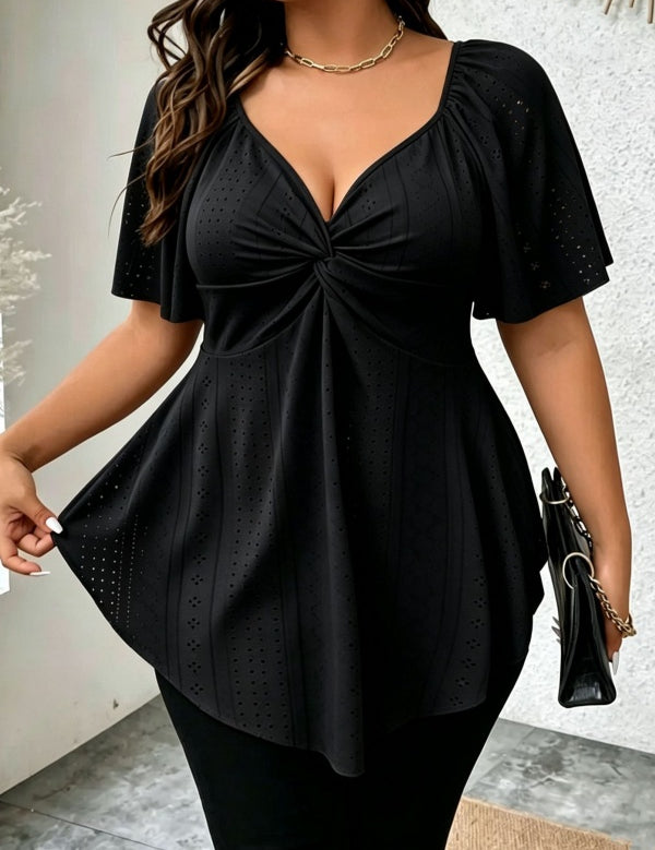 Twist Front V Neck Eyelet Embroidery Loose Blouse