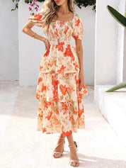 Floral Square-Neck Smocked Tiered Dress
