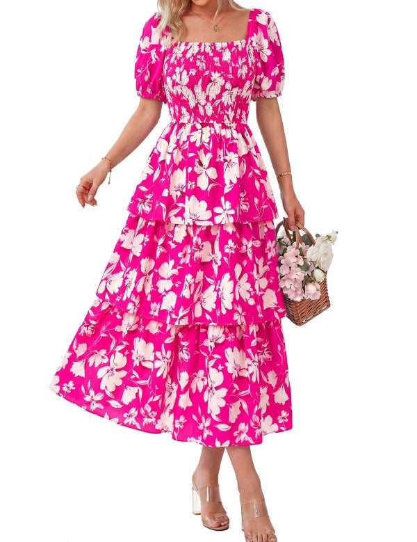 Floral Square-Neck Smocked Tiered Dress