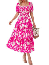 Floral Square-Neck Smocked Tiered Dress