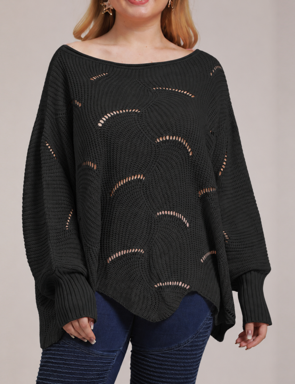 Bat-Sleeve Lantern Sleeve Hollow Woven Pullover Sweater