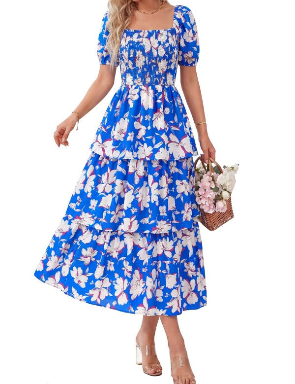 Floral Square-Neck Smocked Tiered Dress