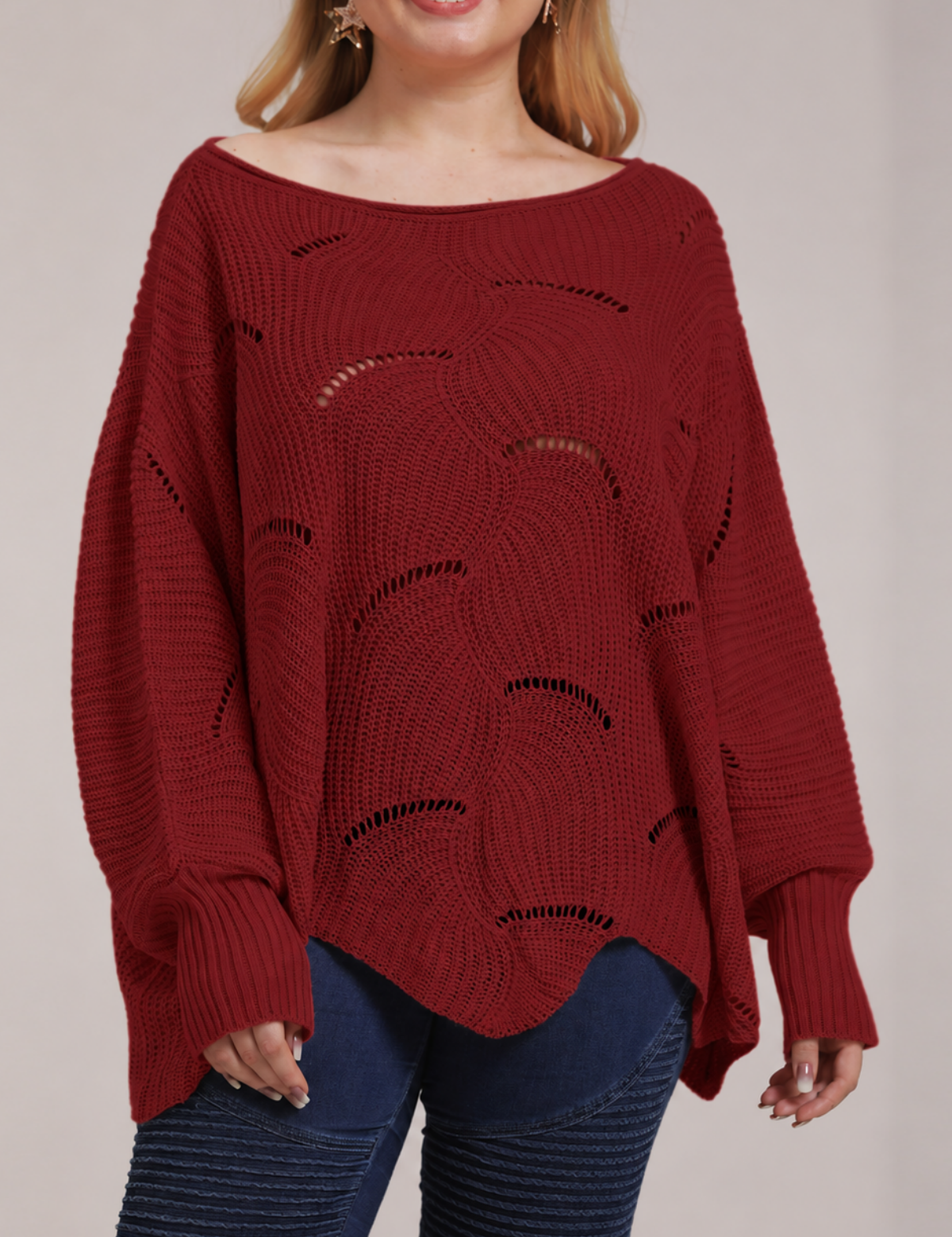Bat-Sleeve Lantern Sleeve Hollow Woven Pullover Sweater