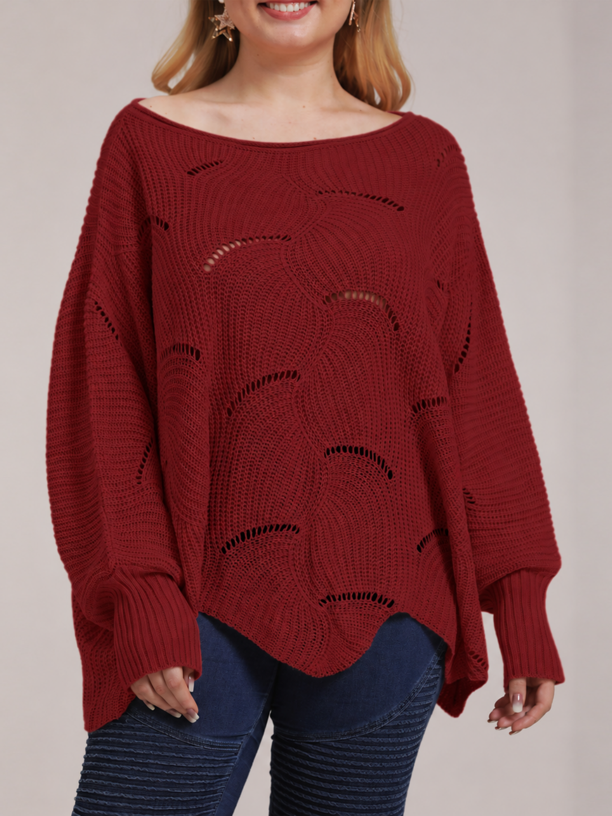 Bat-Sleeve Lantern Sleeve Hollow Woven Pullover Sweater