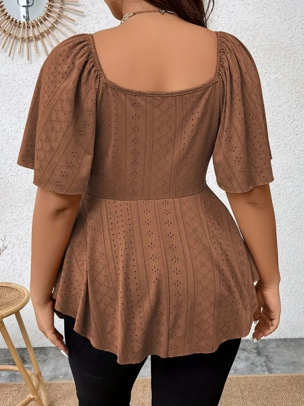Twist Front V Neck Eyelet Embroidery Loose Blouse