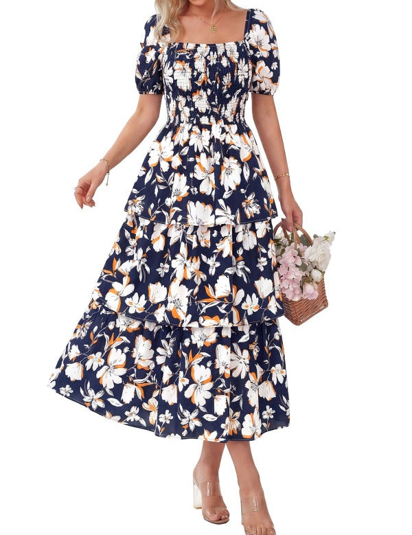 Floral Square-Neck Smocked Tiered Dress