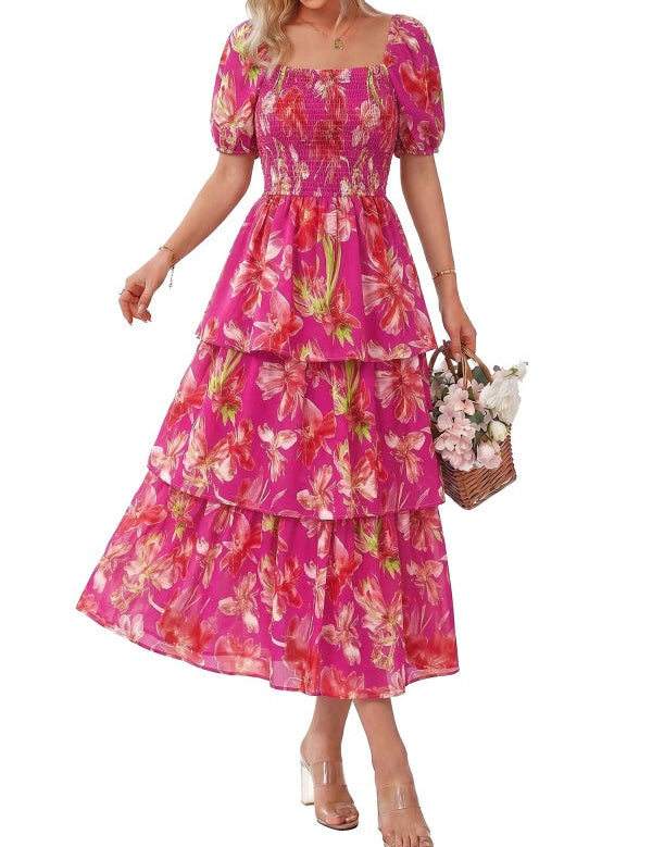 Floral Square-Neck Smocked Tiered Dress
