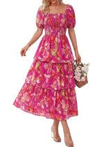 Floral Square-Neck Smocked Tiered Dress