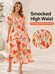 Floral Square-Neck Smocked Tiered Dress