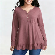 Tummy-Concealing Soft Ruffle Hem Henley Top