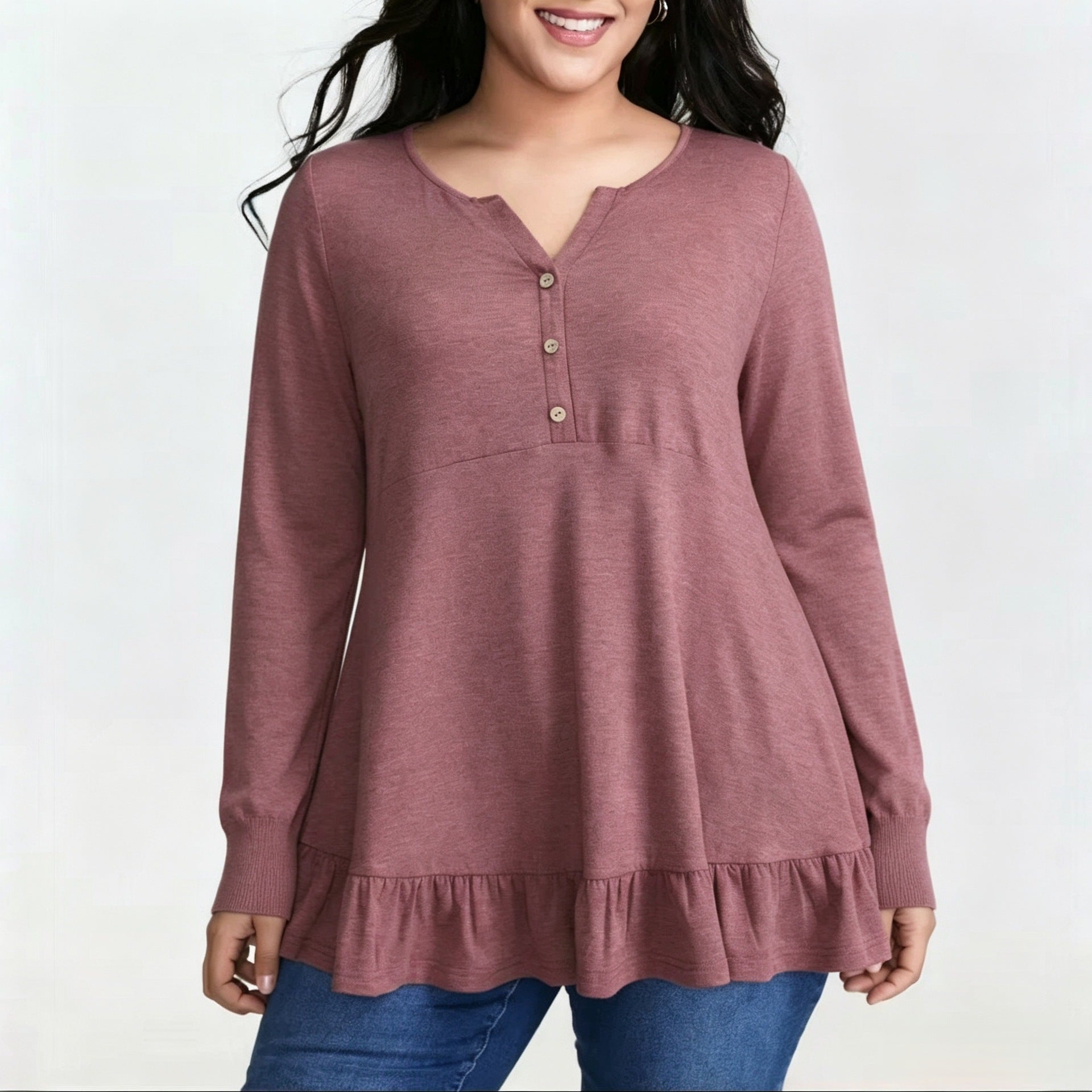Tummy-Concealing Soft Ruffle Hem Henley Top
