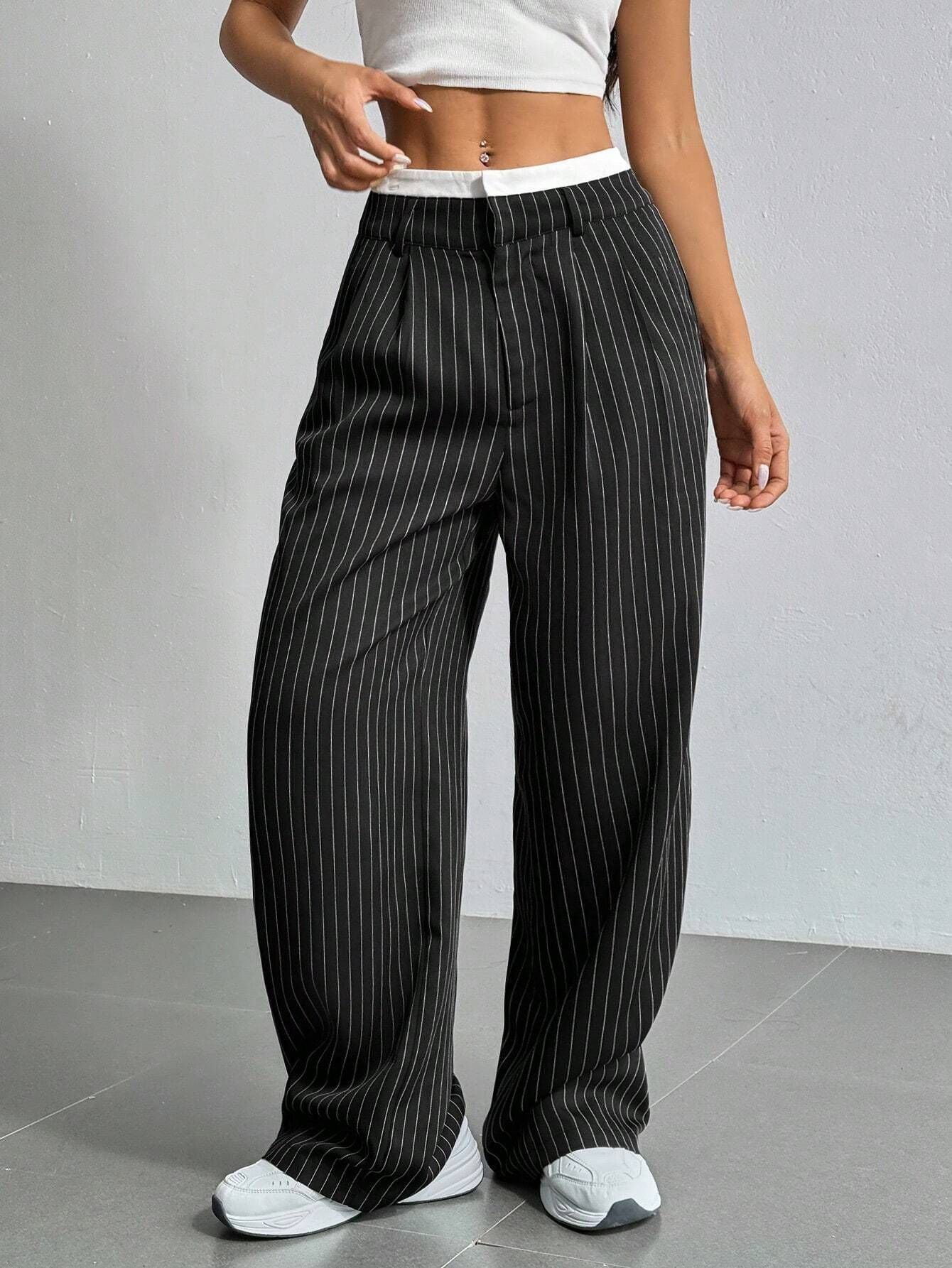 High-Waisted Pinstripe Wide-Leg Trousers with Layered Waistband