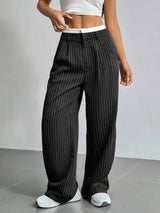 High-Waisted Pinstripe Wide-Leg Trousers with Layered Waistband