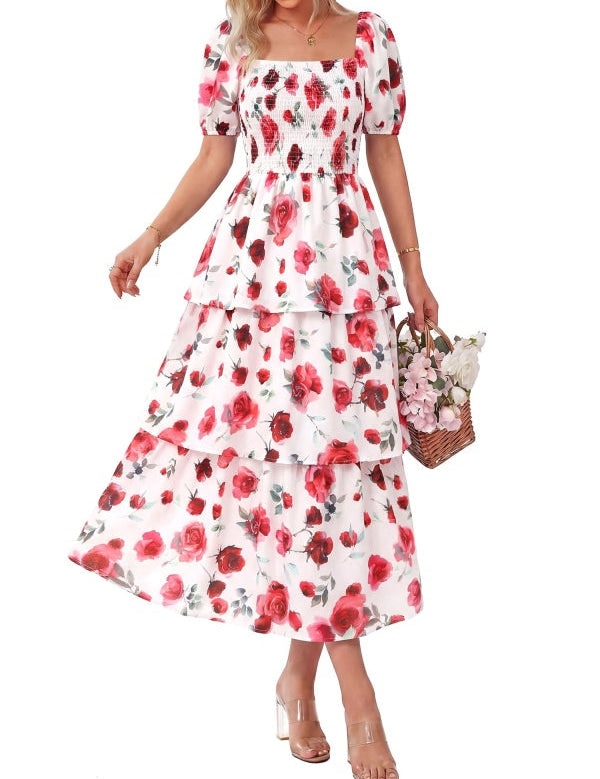 Floral Square-Neck Smocked Tiered Dress