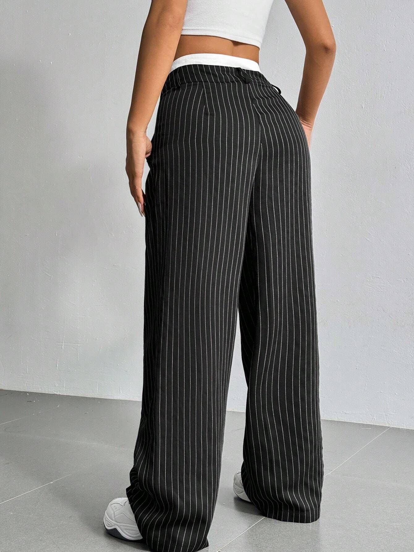 High-Waisted Pinstripe Wide-Leg Trousers with Layered Waistband