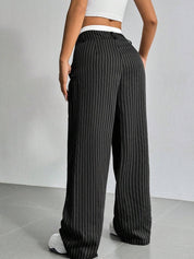 High-Waisted Pinstripe Wide-Leg Trousers with Layered Waistband