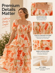Floral Square-Neck Smocked Tiered Dress
