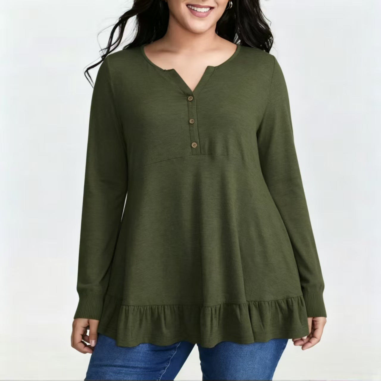 Tummy-Concealing Soft Ruffle Hem Henley Top