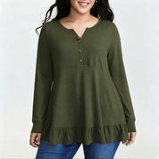 Tummy-Concealing Soft Ruffle Hem Henley Top