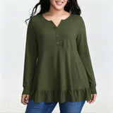 Tummy-Concealing Soft Ruffle Hem Henley Top