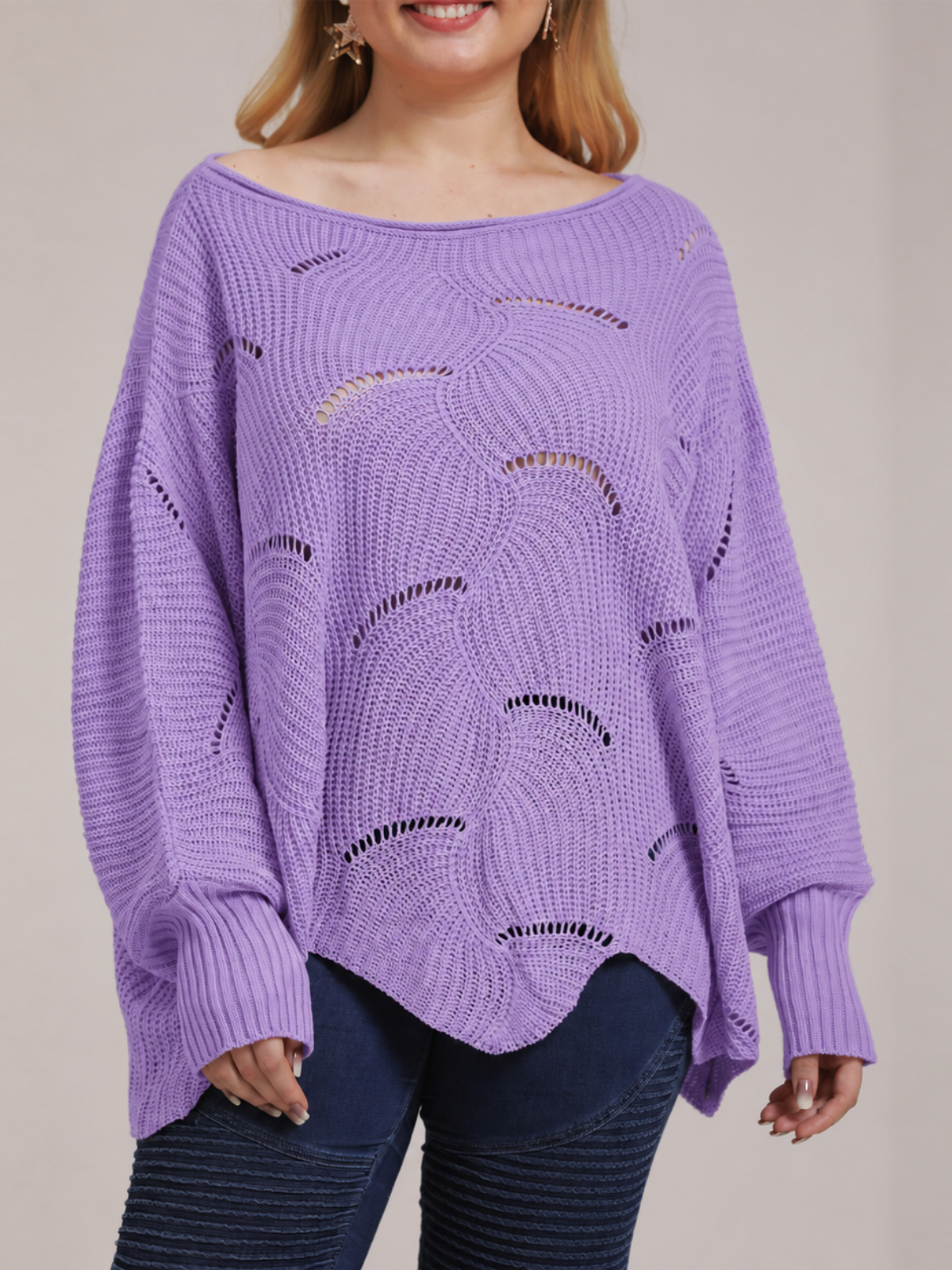 Bat-Sleeve Lantern Sleeve Hollow Woven Pullover Sweater