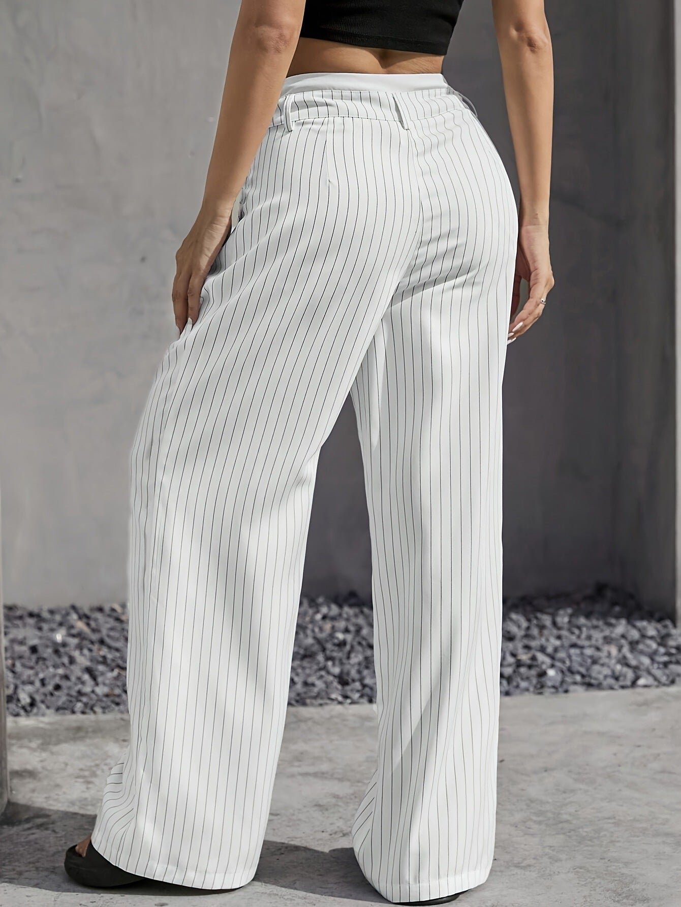 High-Waisted Pinstripe Wide-Leg Trousers with Layered Waistband