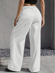 High-Waisted Pinstripe Wide-Leg Trousers with Layered Waistband