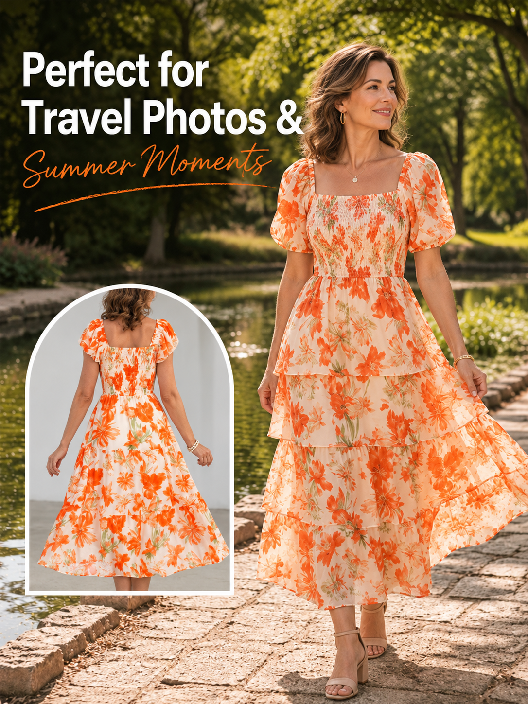 Floral Square-Neck Smocked Tiered Dress