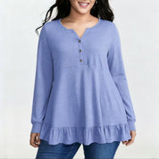 Tummy-Concealing Soft Ruffle Hem Henley Top