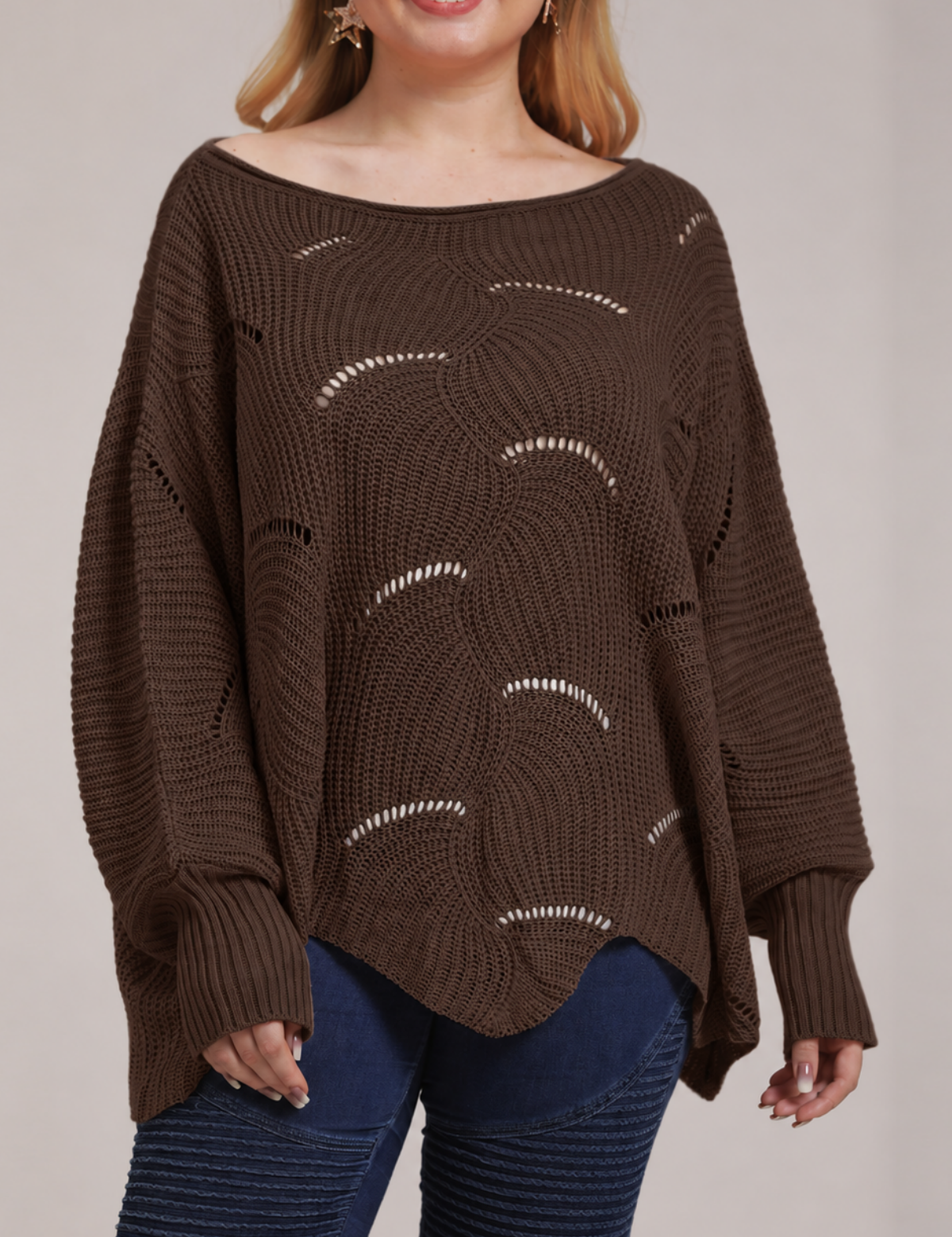 Bat-Sleeve Lantern Sleeve Hollow Woven Pullover Sweater