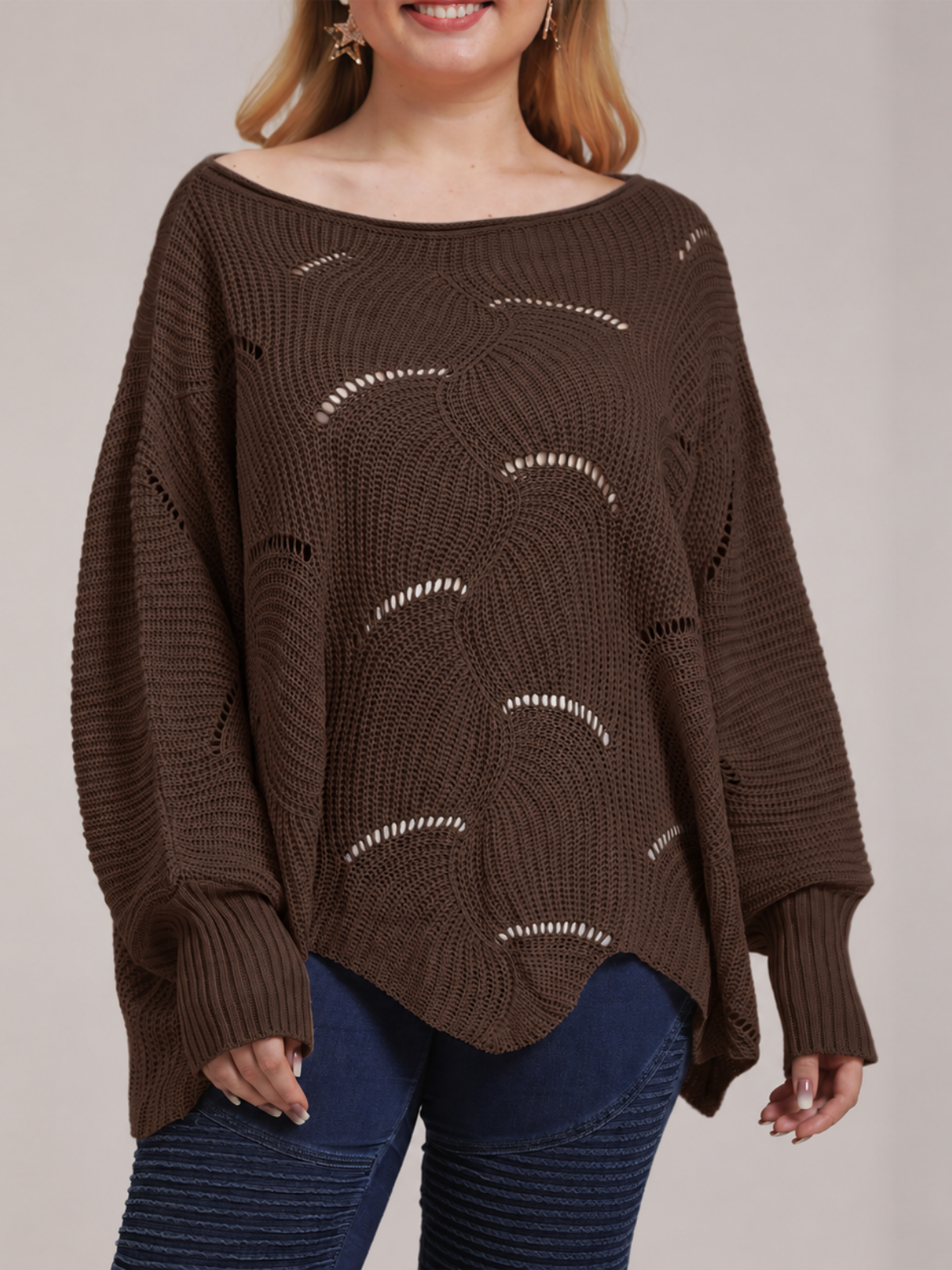 Bat-Sleeve Lantern Sleeve Hollow Woven Pullover Sweater