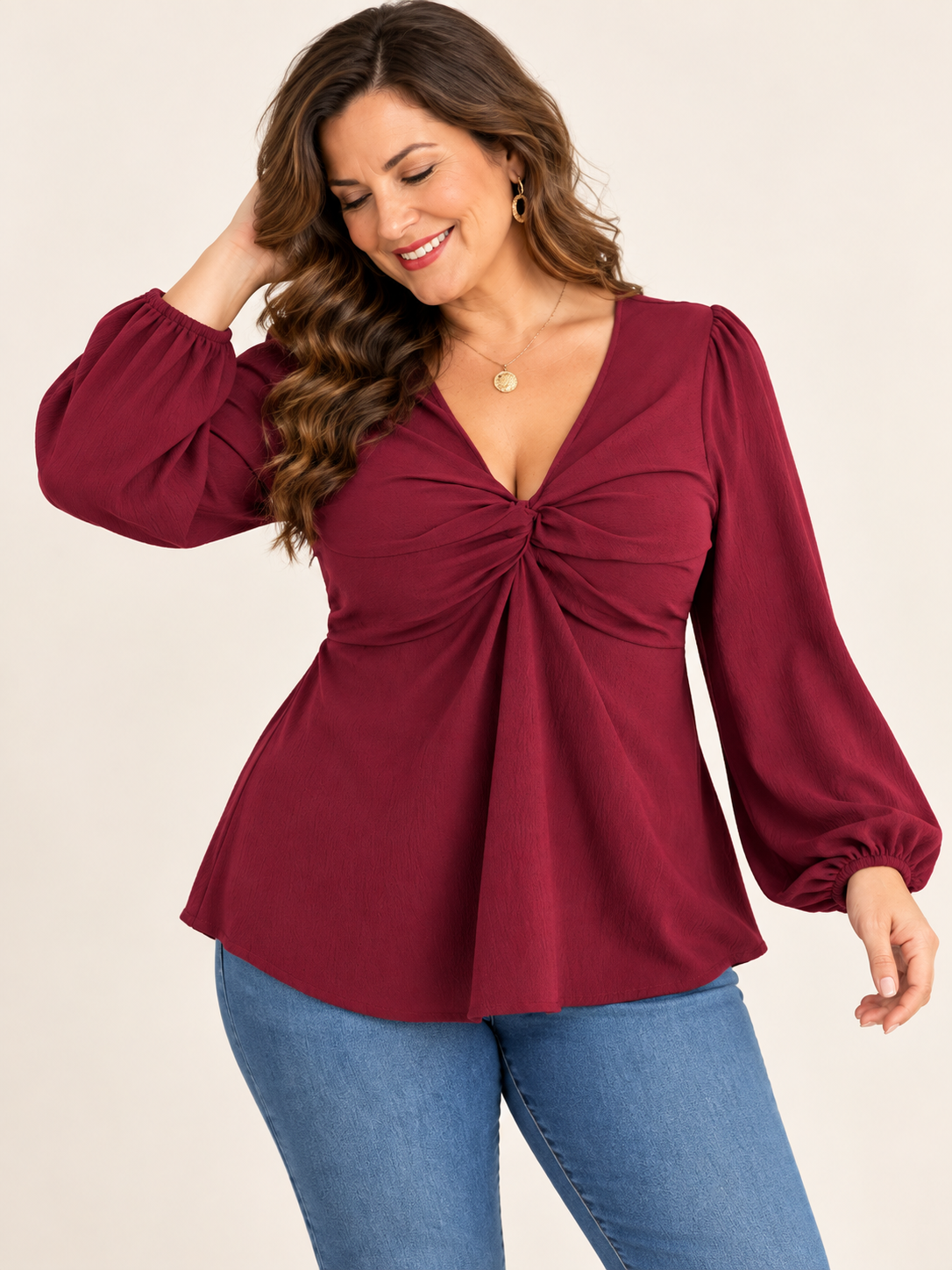Elegant Twist Front V-Neck Long Sleeve Blouse