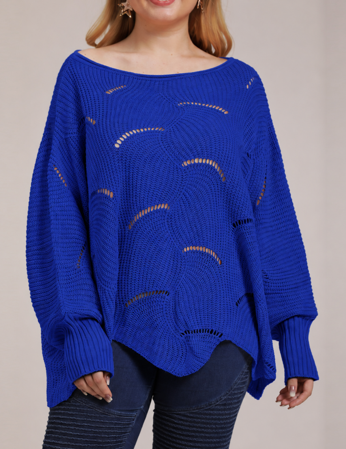 Bat-Sleeve Lantern Sleeve Hollow Woven Pullover Sweater
