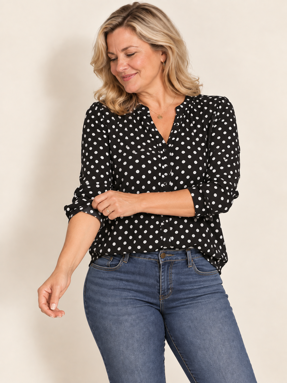 Women's Vintage Polka Dot V-Neck Long Sleeve Blouse