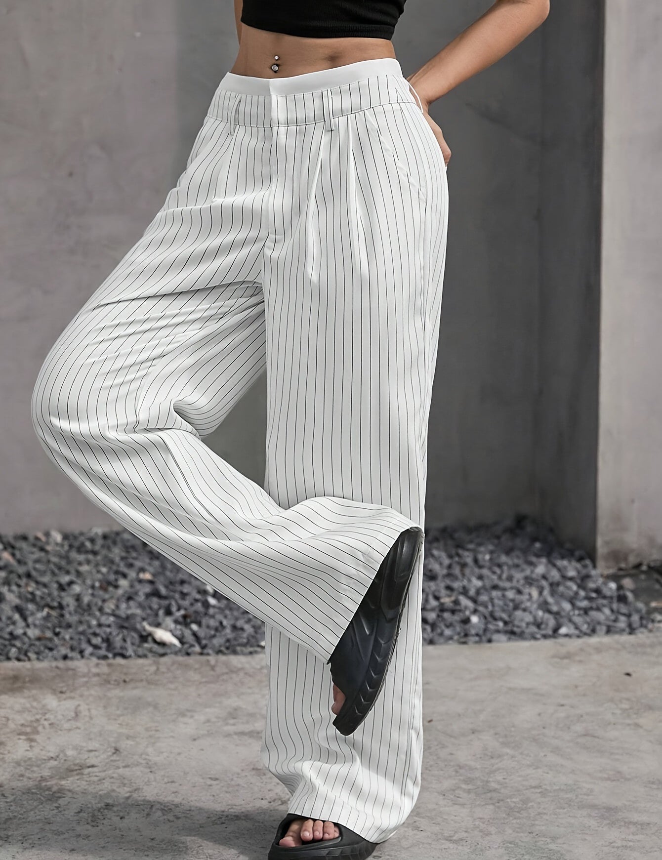 High-Waisted Pinstripe Wide-Leg Trousers with Layered Waistband