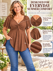 Twist Front V Neck Eyelet Embroidery Loose Blouse