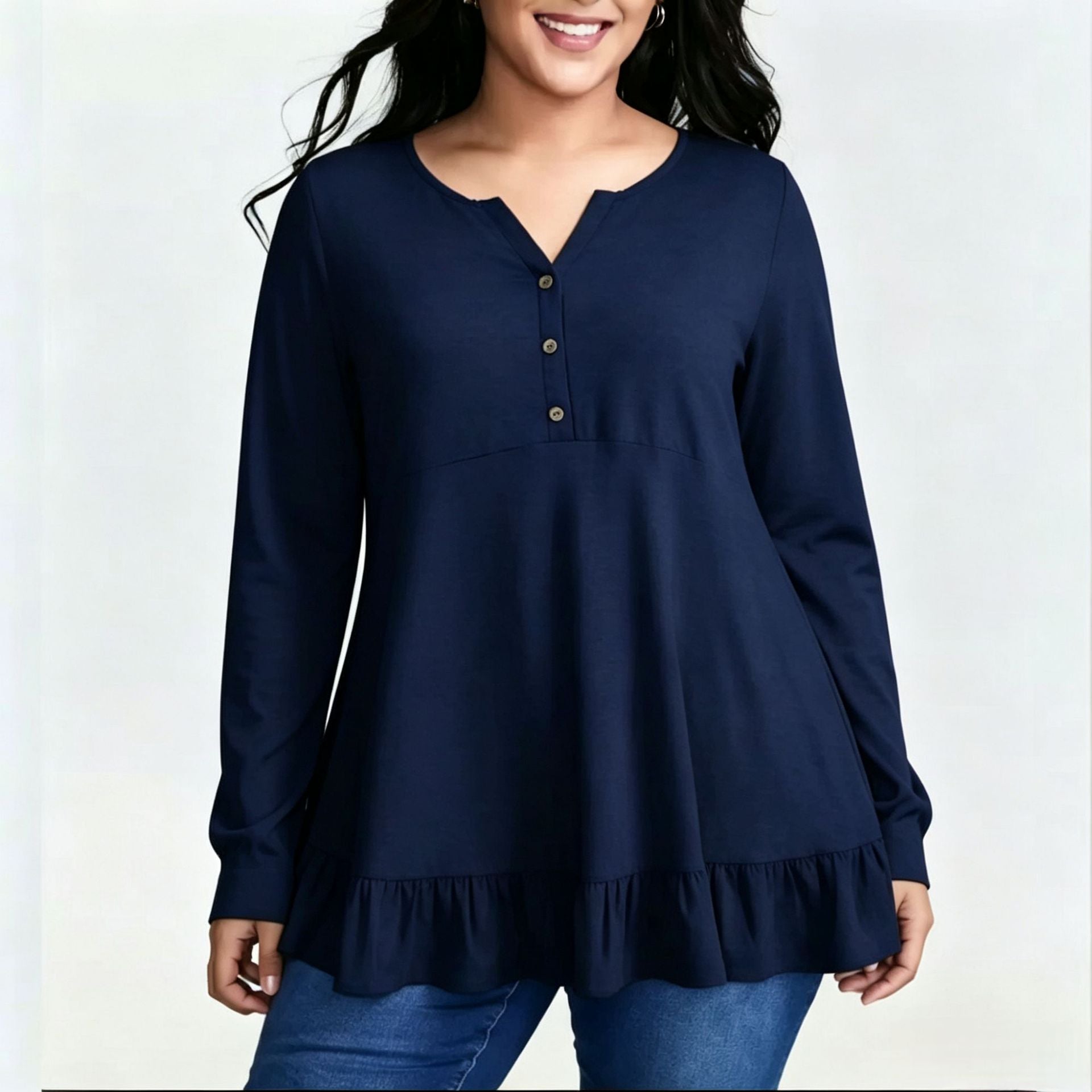 Tummy-Concealing Soft Ruffle Hem Henley Top