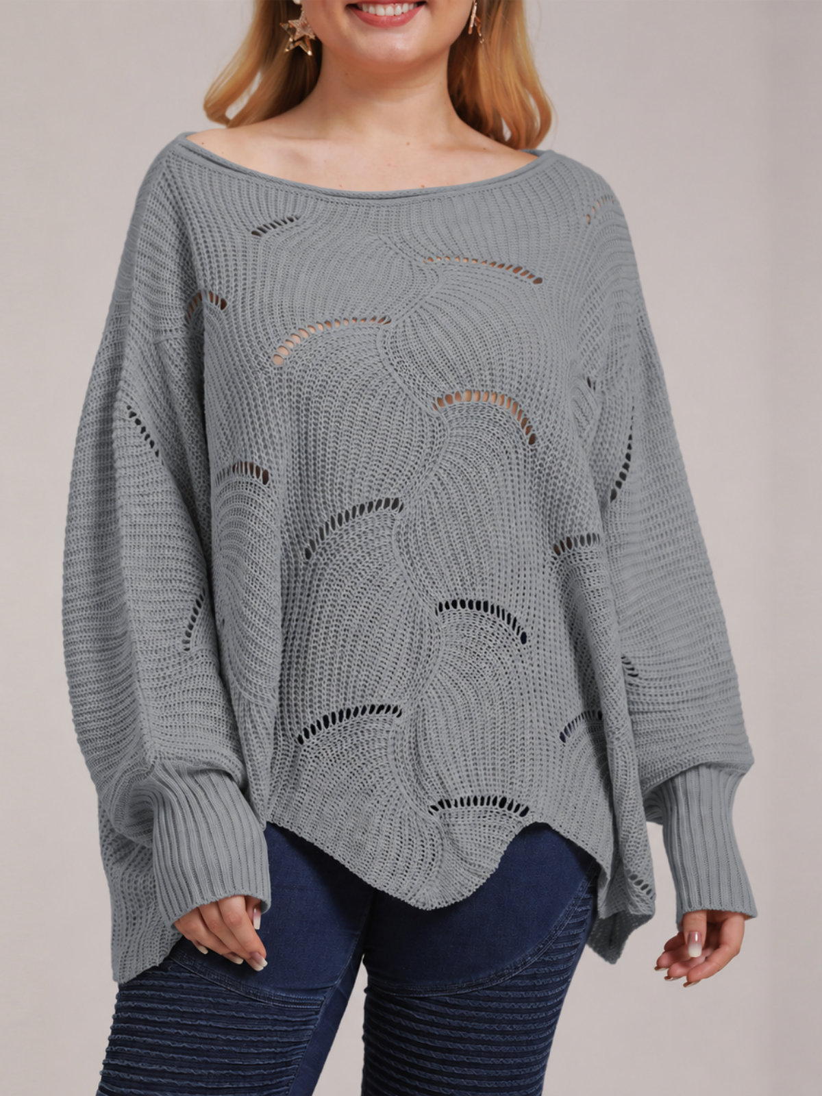 Bat-Sleeve Lantern Sleeve Hollow Woven Pullover Sweater